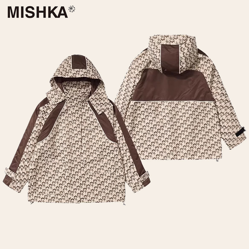 王文绮同款MISHKA潮牌复古老花满印拼接外套宽松卡其色短款外套女
