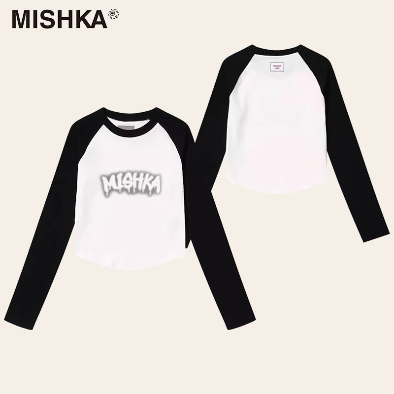 MISHKA大眼球美式高街辣妹风短款插肩袖秋冬内搭高级感长袖T恤