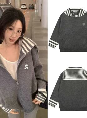 韩国Rest RR clottyteam海军领灰色毛衣撞色rr条纹针织开衫外套秋
