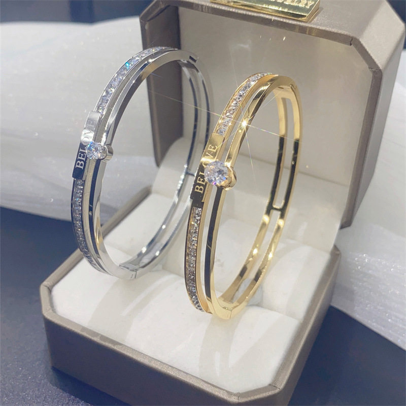 韩国新款mk超闪双排钻锆石单钻玫瑰金手镯潮人个性钛钢手环女饰品