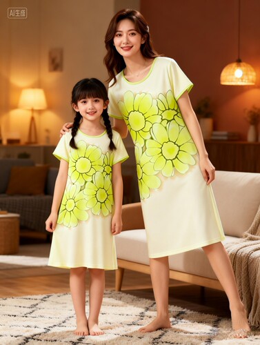 原创板绘画约稿清新绿雏菊儿童印花家居服睡衣裙裤亲子装头饰品包