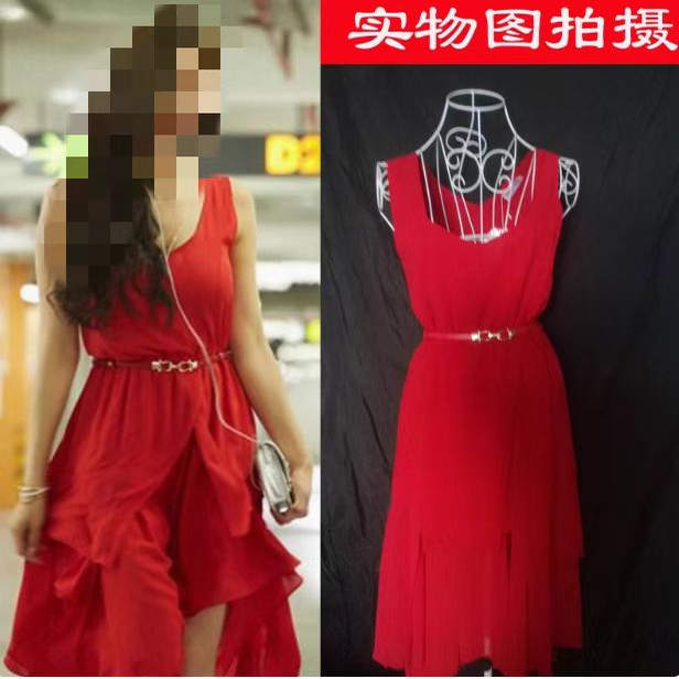 情圣yoyo同款红色连衣裙夏季雪纺开叉中长裙旅游度假露背沙滩裙子