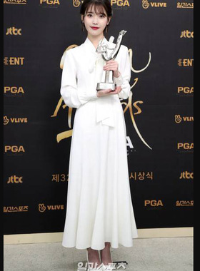 iu李知恩同款白色连衣裙中长款女时尚系带蝴蝶结长袖仙女裙长裙子