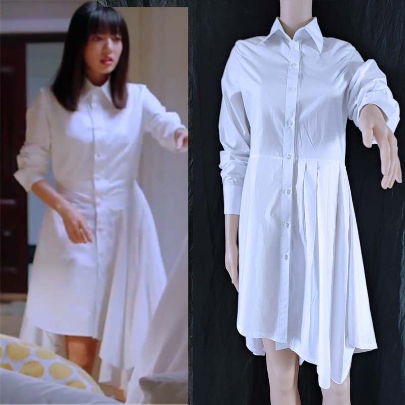 以家人之名何瑞贤唐灿同款白色连衣裙中长款不规则长袖衬衫连衣裙