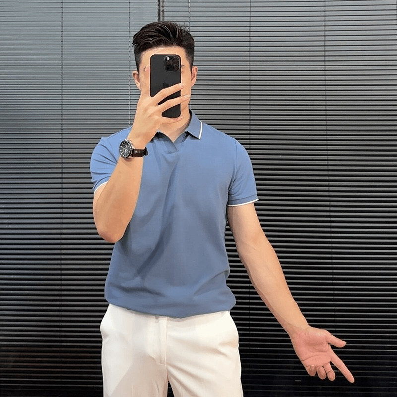 拼色V领polo衫男短袖夏季新款高级感时尚潮流宽松商务休闲翻领t恤