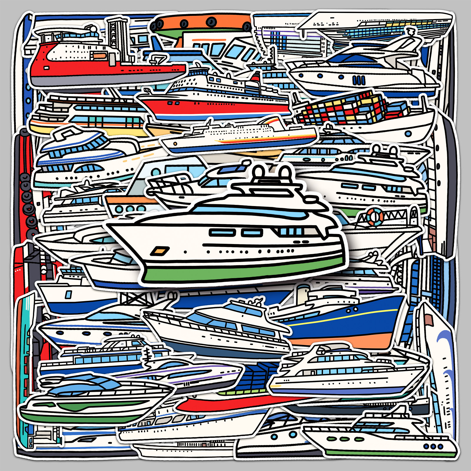 50张原创卡通轮船儿童贴纸可爱交通工具涂鸦手账咕卡水杯装饰防水