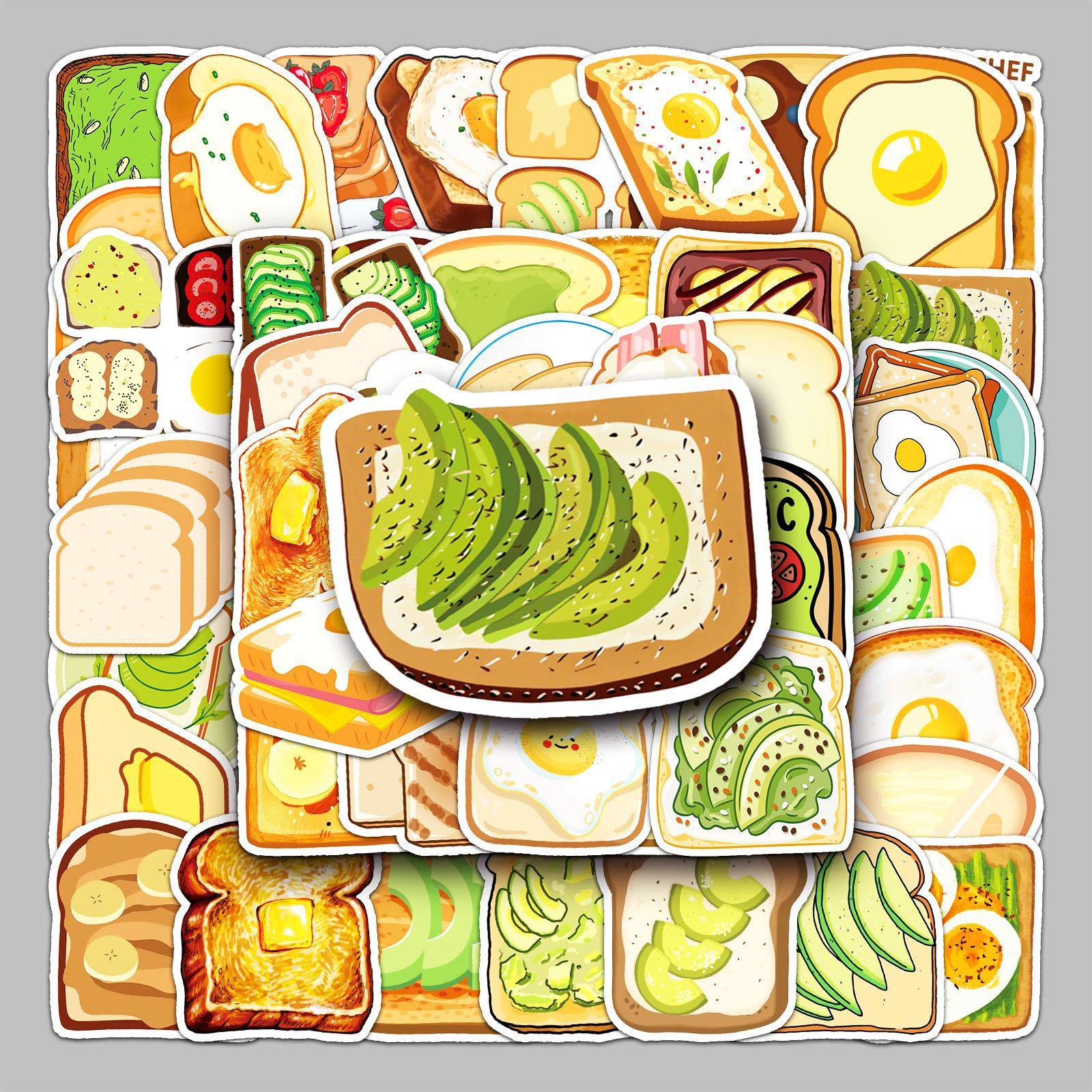 50张吐司面包卡通行李箱贴纸防水涂鸦贴纸滑板车电脑平板卡通装饰
