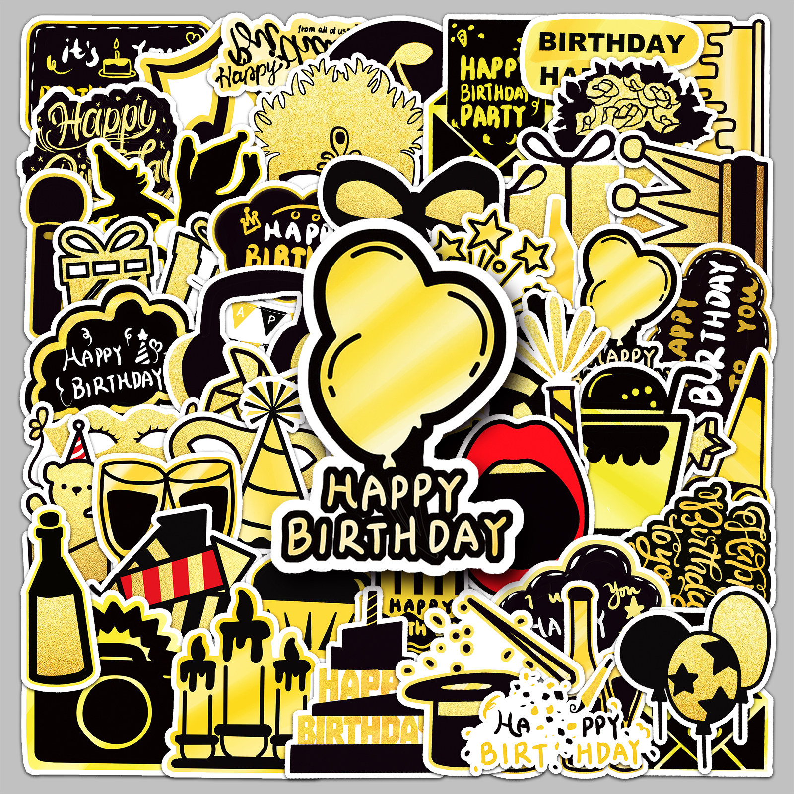 50张黑金生日快乐手帐素材创意ins风装饰相册手机笔记本防水贴画