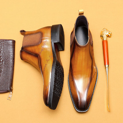 【vip专供】尖头短靴男真皮商务正装切尔西靴雕花马丁靴高帮皮靴