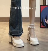 珍珠仙女风伴娘鞋 玛丽珍鞋 子防水台高跟鞋 法式 女一字扣带粗跟单鞋