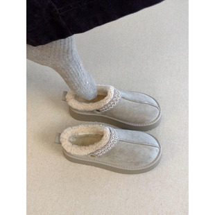 厚底加绒保暖勃肯鞋雪地靴女半拖鞋棉鞋2025冬季新款外穿毛毛拖鞋