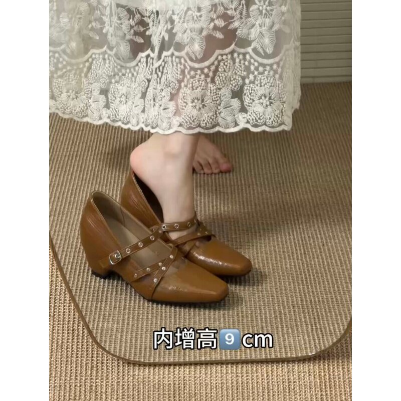 法式复古内增高9cm小个子猫跟方头玛丽珍鞋女一字扣浅口通勤单鞋