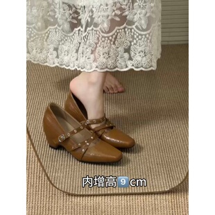 法式复古内增高9cm小个子猫跟方头玛丽珍鞋女一字扣浅口通勤单鞋