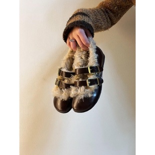 英伦风加绒保暖毛毛鞋女冬季皮带扣玛丽珍鞋圆头羊羔毛平底小皮鞋