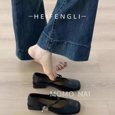 单鞋法式一字带粗跟玛丽珍高跟鞋