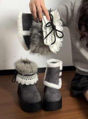 可拆卸~增高7cm厚底毛毛雪地靴女冬季加绒保暖短靴小个子毛绒棉鞋