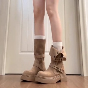 绒面两穿短靴机车马丁靴显瘦骑士靴子 秋季 厚底短筒靴女款 2025新款