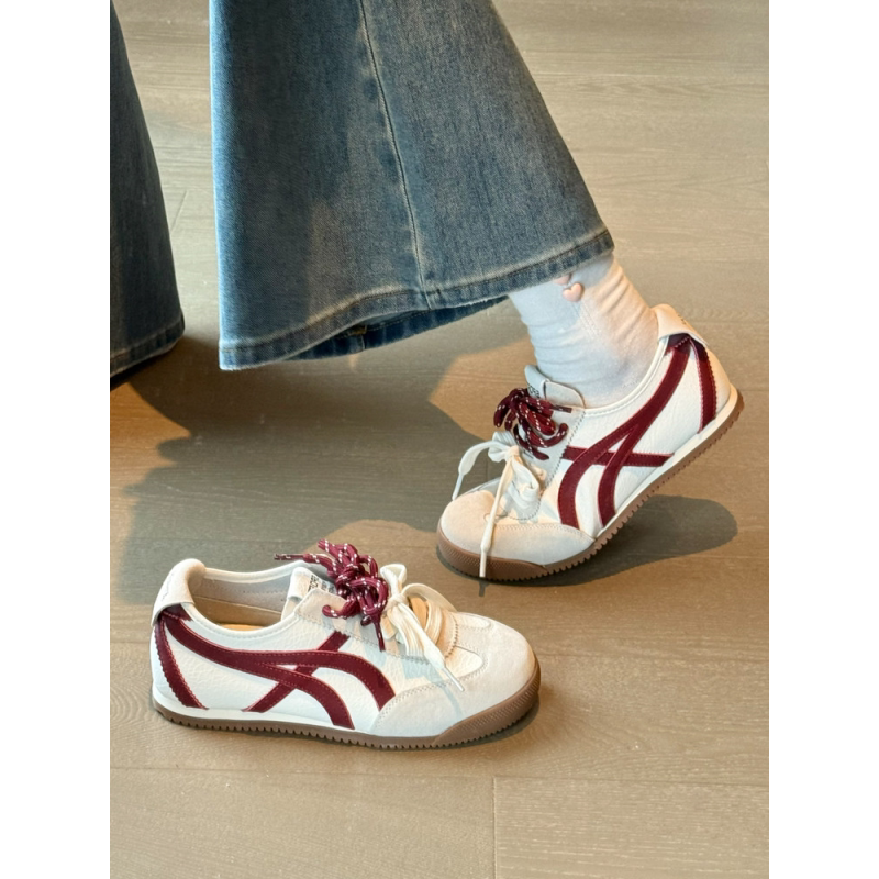 撞色百搭德训鞋女白色双鞋带交叉绑带休闲运动鞋平跟德训阿甘板鞋