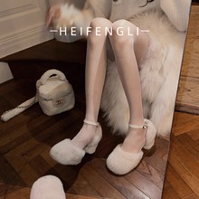韩版黑色毛毛鞋女2025年秋冬季外穿玛丽珍单鞋加绒粗跟中空高跟鞋