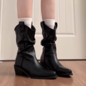 牛皮版 真皮显瘦尖头粗跟短靴女秋冬新款 堆堆靴西部牛仔靴马丁靴