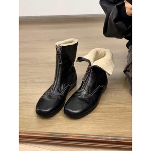 复古英伦风圆头加绒短靴两穿内增高冬季平底瘦瘦靴短筒保暖马丁靴