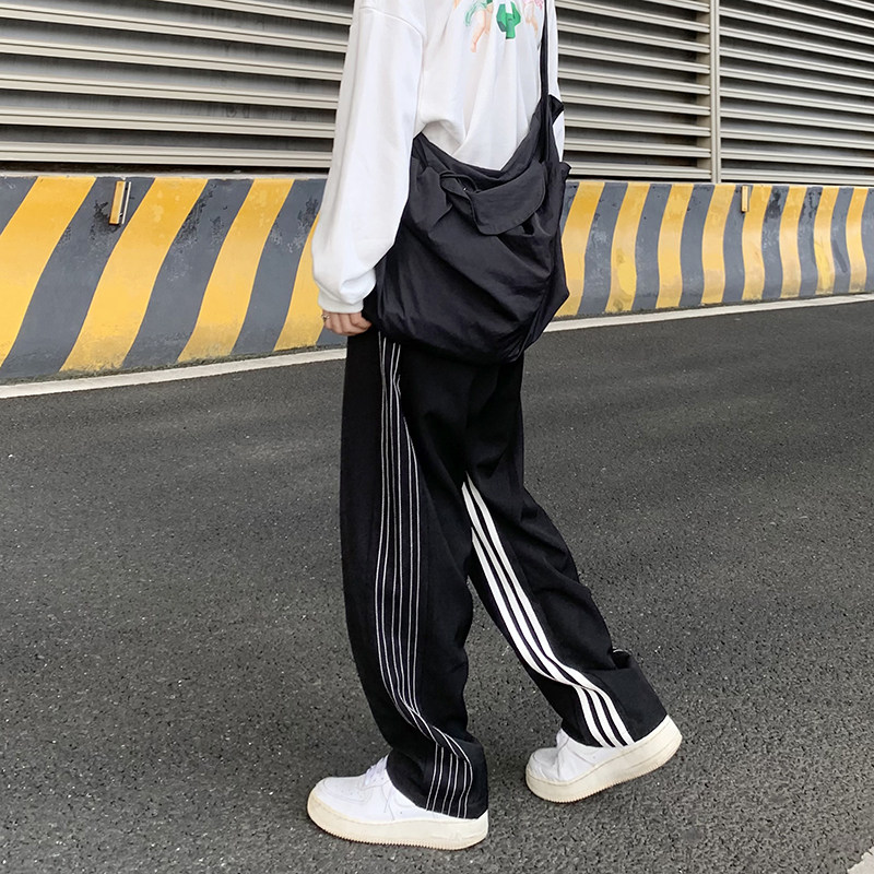 A432-1-R8P45控65三条杠条纹拖地宽松休闲裤男女潮牌中性,男装休闲裤,星座518-1（原A432-1）