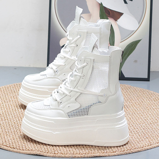 高帮小白鞋女夏内增高12cm小个子显瘦厚底系带网面透气超高跟纯色