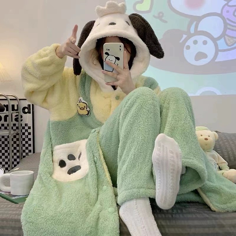 少女帕恰狗珊瑚绒睡袍女秋冬季新款加厚可爱家居服套装睡衣可外穿图片