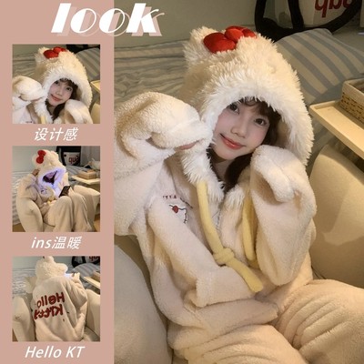 凯蒂猫连体睡衣女款珊瑚绒加厚保暖秋冬季卡通搞怪睡袍男KT猫情侣