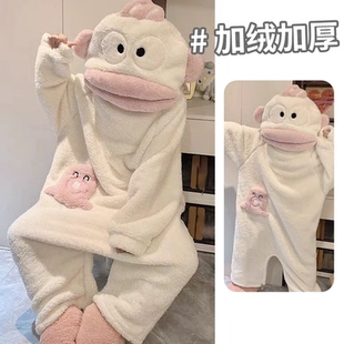 丑鱼睡衣连体珊瑚绒秋冬季加厚大嘴鱼抽象奇葩搞怪卡通小丑鱼睡袍