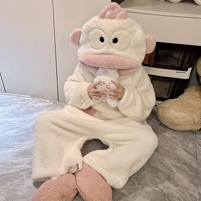 小丑鱼大嘴鱼连体珊瑚绒睡衣女秋冬季搞怪加厚睡袍大码毛绒家居服