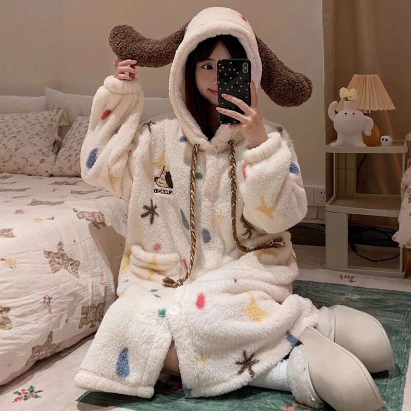 派对狗冬天睡衣女款秋冬季睡袍加厚加绒连帽可爱浴袍小狗狗法兰绒图片