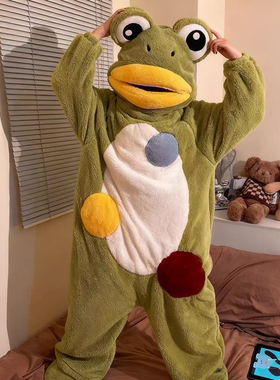 搞怪青蛙睡衣女款秋冬季珊瑚绒加厚卡通连体情侣男生搞怪丑鱼睡袍