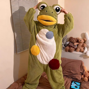 搞怪青蛙睡衣女款秋冬季珊瑚绒加厚卡通连体情侣男生搞怪丑鱼睡袍