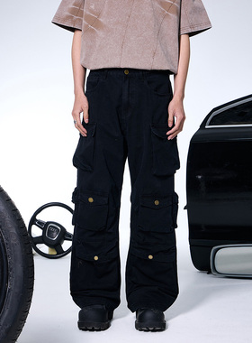 ROGIC逻辑  重磅水洗炮弹牛仔裤男可调节腰扣宽松战术裤直筒长裤