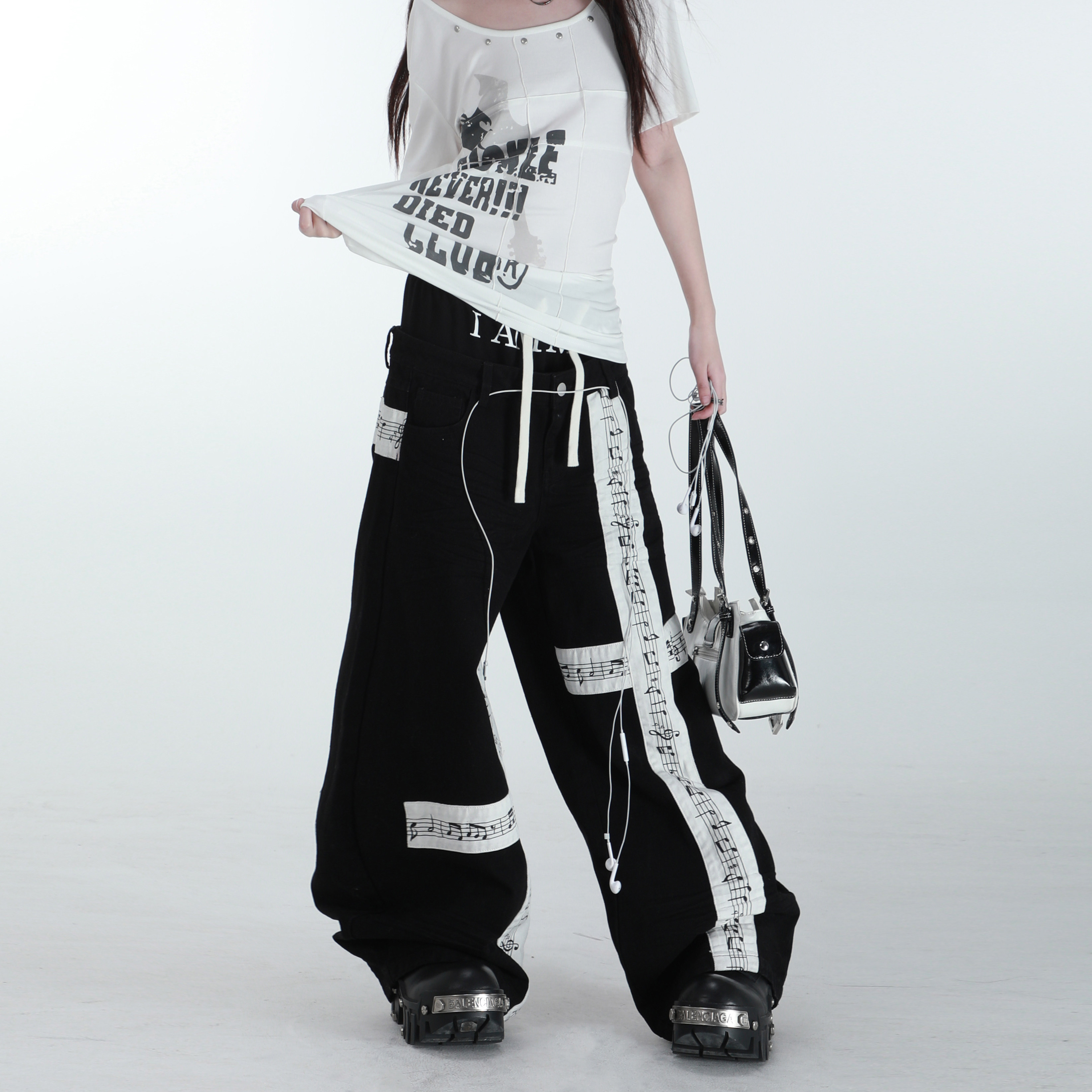 Rogic#音符印花绷带卫裤男女生新款宽松高街潮牌黑色休闲阔腿裤子