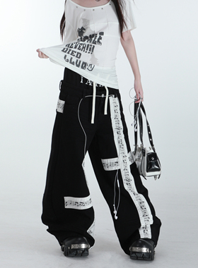 Rogic#音符印花绷带卫裤男女生新款宽松高街潮牌黑色休闲阔腿裤子