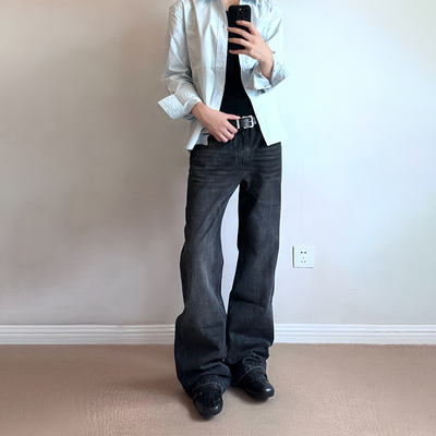 ROGIC逻辑 水滴纹做旧水洗猫须微喇牛仔裤直筒显瘦设计休闲裤