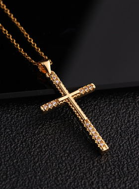 时尚女性饰品个性嘻哈真金电镀微镶锆石十字架吊坠项链金色