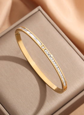 日韩气质方钻贝壳细版暗扣钛钢手镯女 潮带钻珍珠母贝壳手环批发