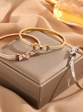 不掉色真空电镀钛钢手镯女时尚轻奢蝴蝶结镶钻手环满钻高级