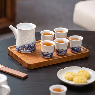 玉柏青花玲珑瓷景德镇白瓷功夫茶具茶杯陶瓷泡茶套装中式福海生财