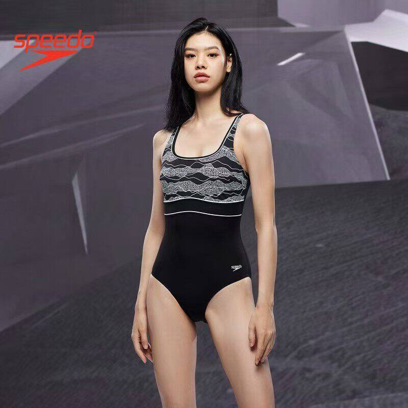 Speedo/速比涛泳衣女 波纹蕾丝印花纤姿唯美显瘦女子连体复古修身
