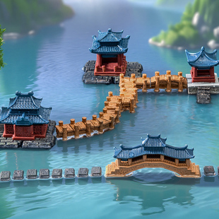 中式古风亭台楼阁装饰摆件家居桌面造景休闲风小桥凉亭微景观摆设