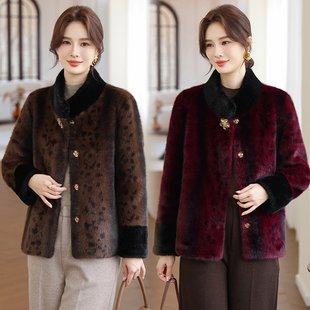 妈妈秋冬装 加绒加厚上衣 水貂绒毛呢外套高贵洋气棉袄中老年女冬季