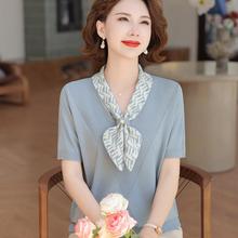 年轻妈妈夏装短袖冰丝上衣40岁50中老年女装薄款减龄T恤时尚套装