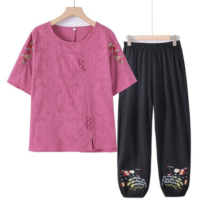 中老年人夏装套装棉麻女奶奶短袖妈妈夏季T恤老人奶奶洋气汗衫衣