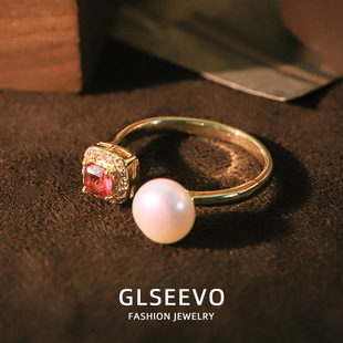 国风天然珍珠红色锆石戒指指环女活口可调节电镀18K金不掉色尾戒
