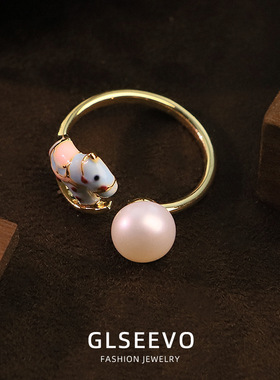 原创设计天然珍珠蓝色小马戒指开口可调节指环感食指戒手饰品