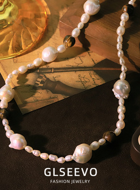 原创天然珍珠虎眼石卡扣项链小众脖颈链感百搭美拉德风锁骨链